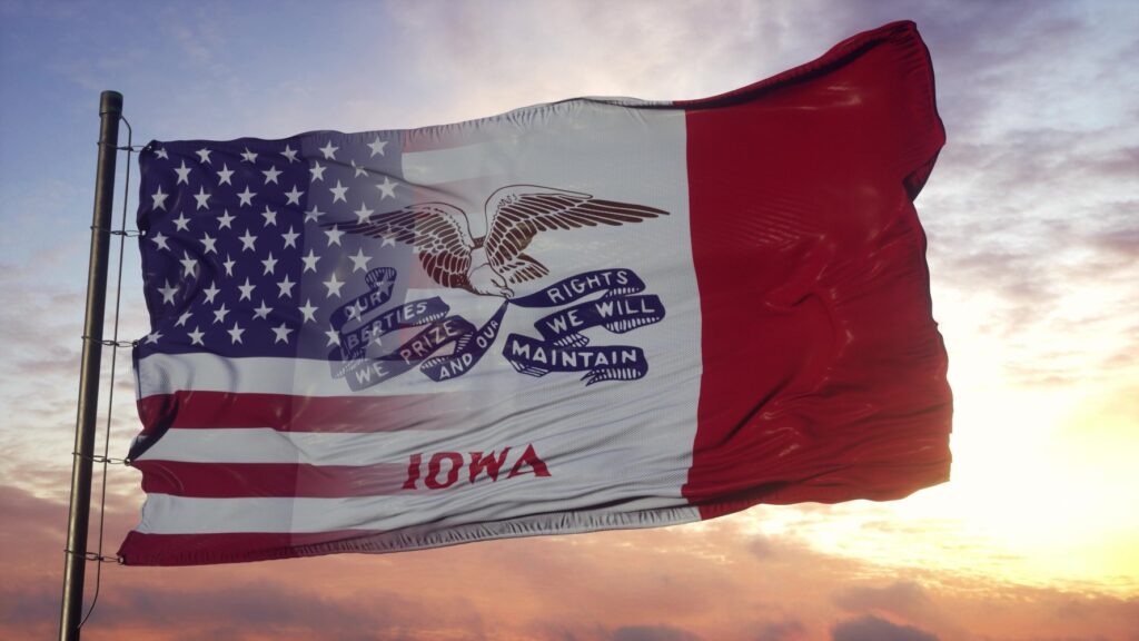 USA and Iowa Mixed Flag waving in wind.