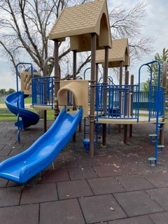 blue and tan playground equipment