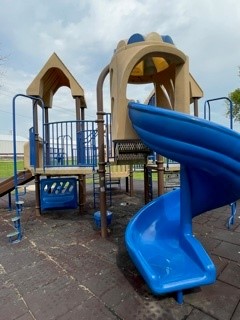 blue and tan playground equipment